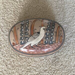 🌟HOST PICK🌟Vtg Mexican Tonala Pottery Trinket Box white bird,grey, tan,orange.